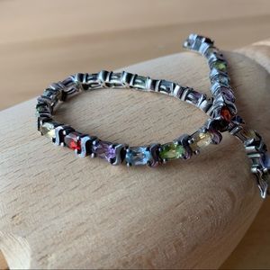 VINTAGE MULTI GEMSTONE TENNIS BRACELET 925 STERLING SILVER
